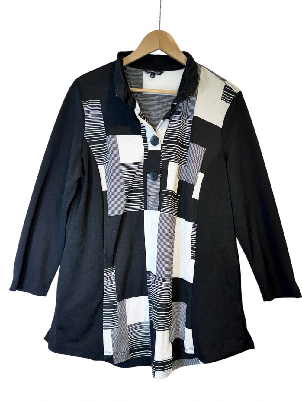John Mark Size Large Black White Popover Tunic Top Artsy Abstract Pockets